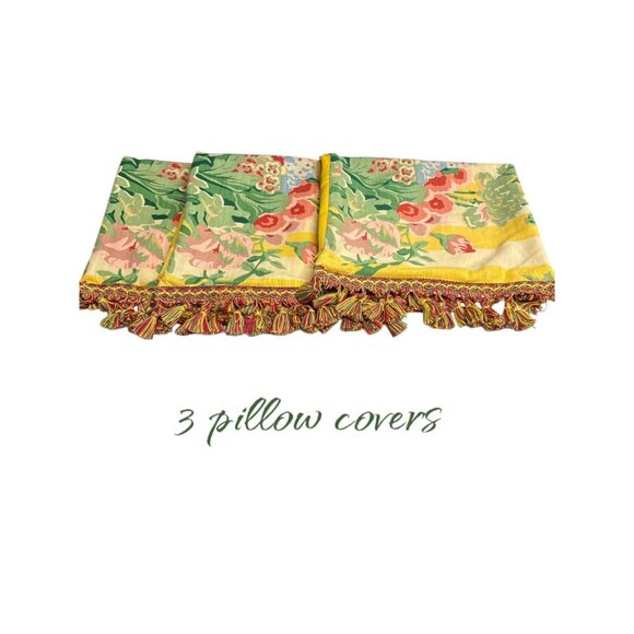 Floral Linen & Cotton Pillow Covers With Tassels Set Of 3 - Picture 1 of 6